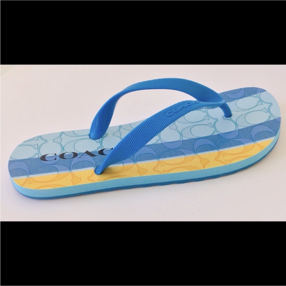 Coach NEW Zak Signature Vibrant Blue and Yellow Flip Flops Sandals-NWT InPackage - Picture 9 of 12